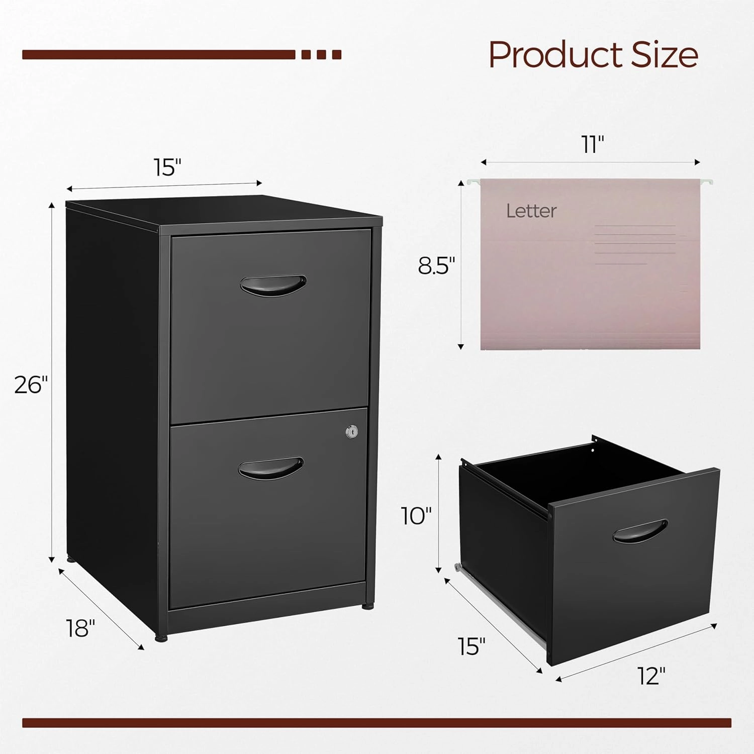 2 Drawer File Cabinet with Lock,Black Metal Filing Cabinets,Vertical Locking File Cabinet Fit Hanging Files, Letter,File Box and A4 Documents (Black)