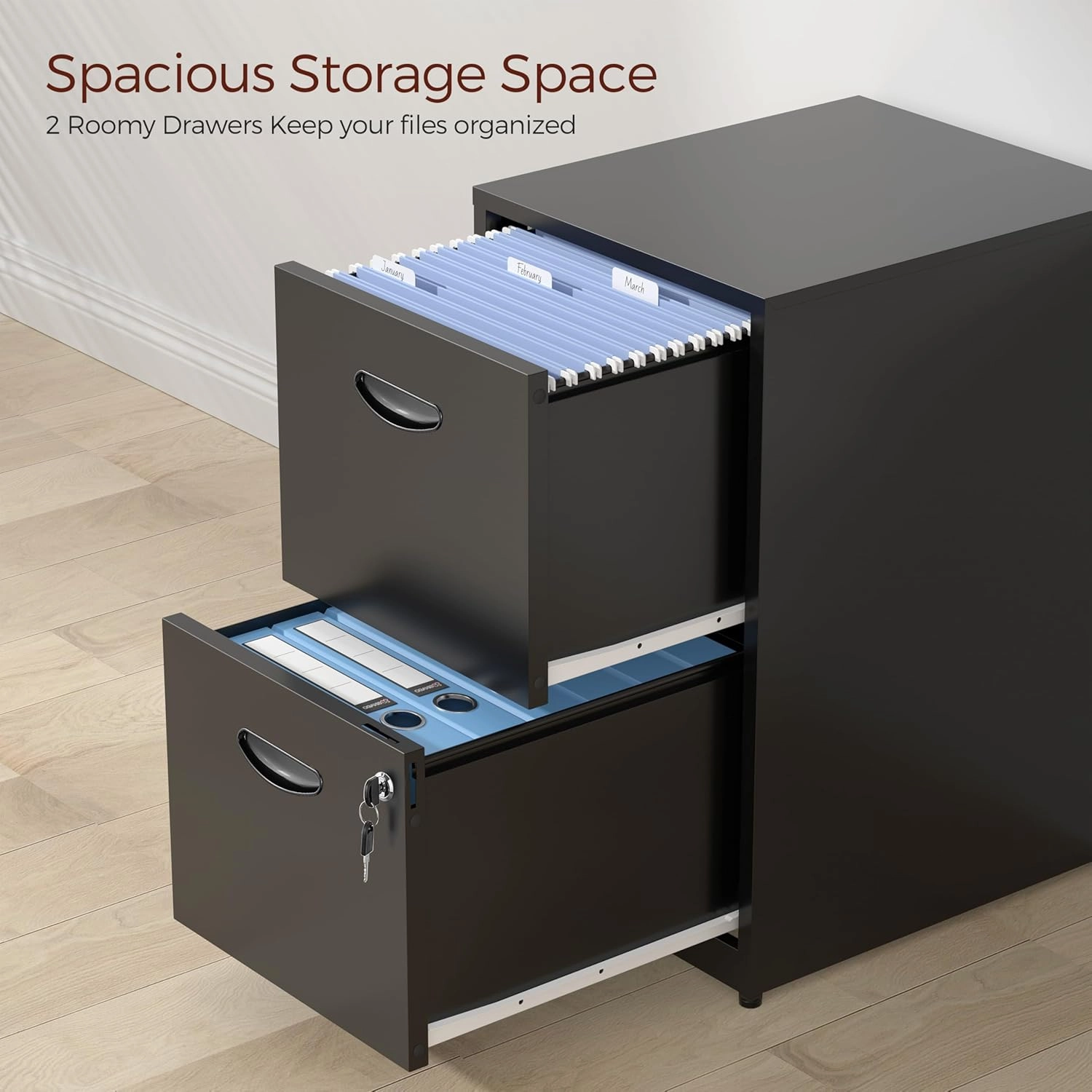 2 Drawer File Cabinet with Lock,Black Metal Filing Cabinets,Vertical Locking File Cabinet Fit Hanging Files, Letter,File Box and A4 Documents (Black)