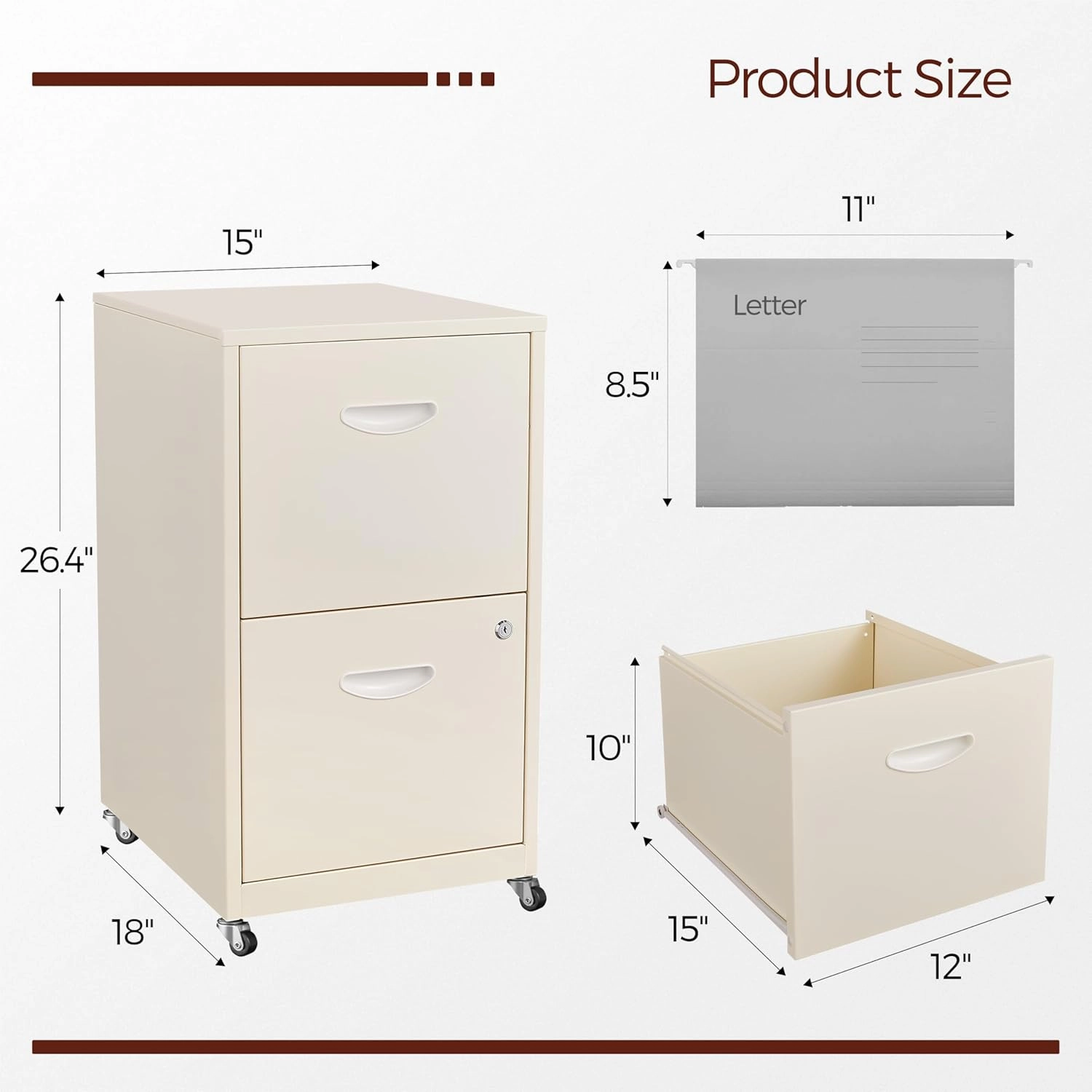 2 Drawer Mobile File Cabinet with Lock, Cream Metal Filing Cabinets with Wheels, Vertical Rolling File Cabinet Fit Hanging Files, Letter and A4 Documents