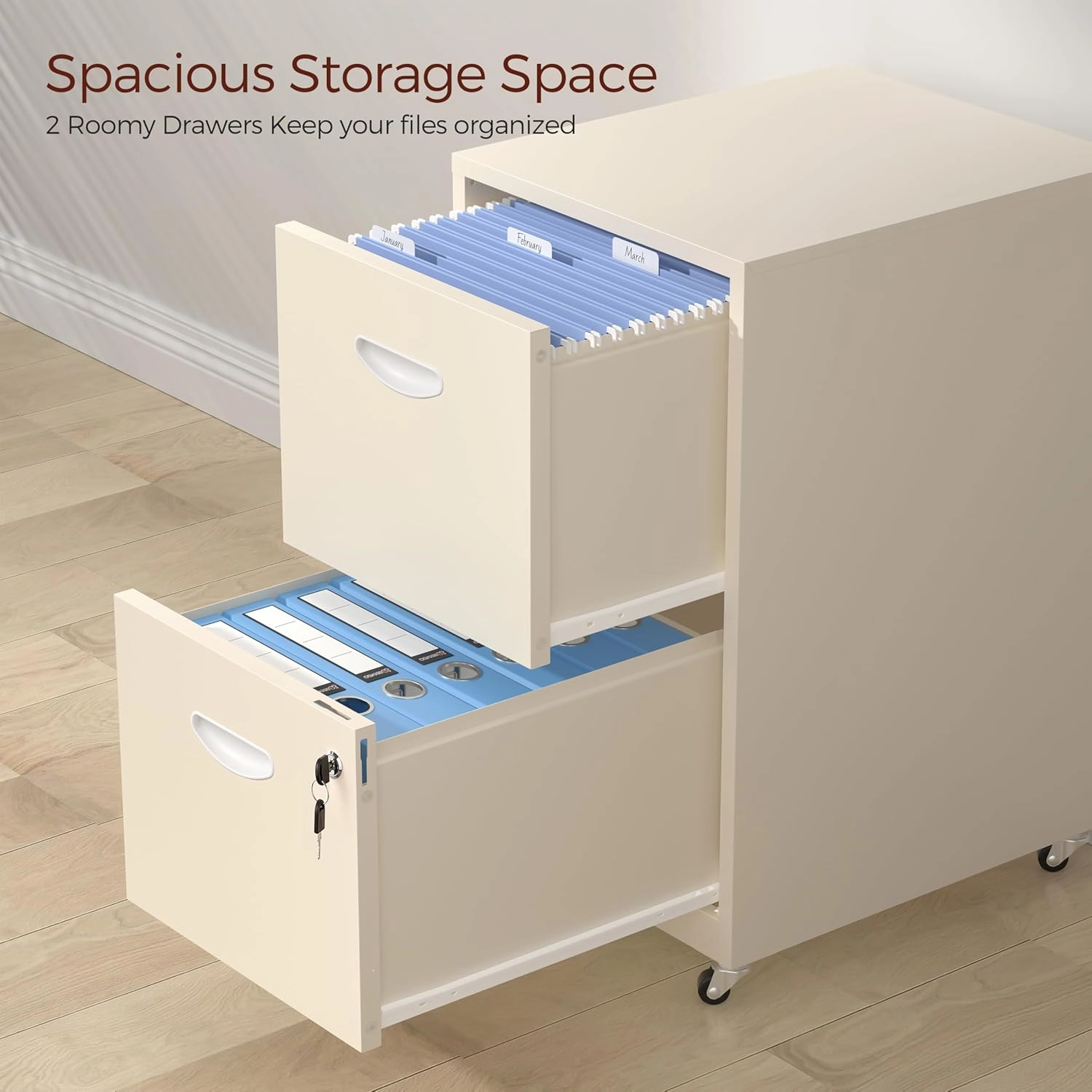 2 Drawer Mobile File Cabinet with Lock, Cream Metal Filing Cabinets with Wheels, Vertical Rolling File Cabinet Fit Hanging Files, Letter and A4 Documents