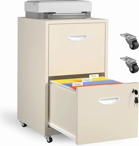 2 Drawer Mobile File Cabinet with Lock, Cream Metal Filing Cabinets with Wheels, Vertical Rolling File Cabinet Fit Hanging Files, Letter and A4 Documents equipment cabinet,AV gear cabinet,component enclosure,