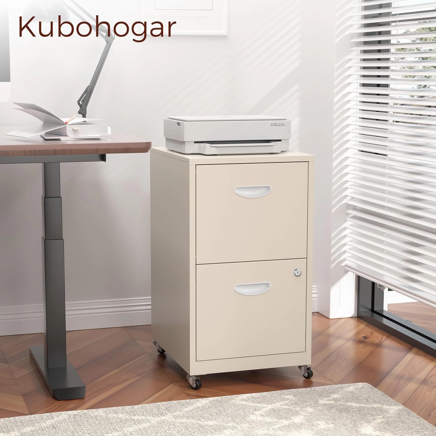 2 Drawer Mobile File Cabinet with Lock, Cream Metal Filing Cabinets with Wheels, Vertical Rolling File Cabinet Fit Hanging Files, Letter and A4 Documents