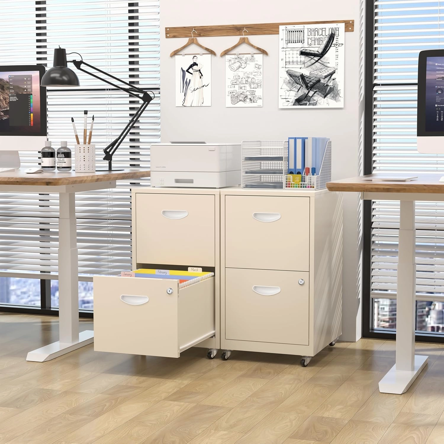 2 Drawer Mobile File Cabinet with Lock, Cream Metal Filing Cabinets with Wheels, Vertical Rolling File Cabinet Fit Hanging Files, Letter and A4 Documents