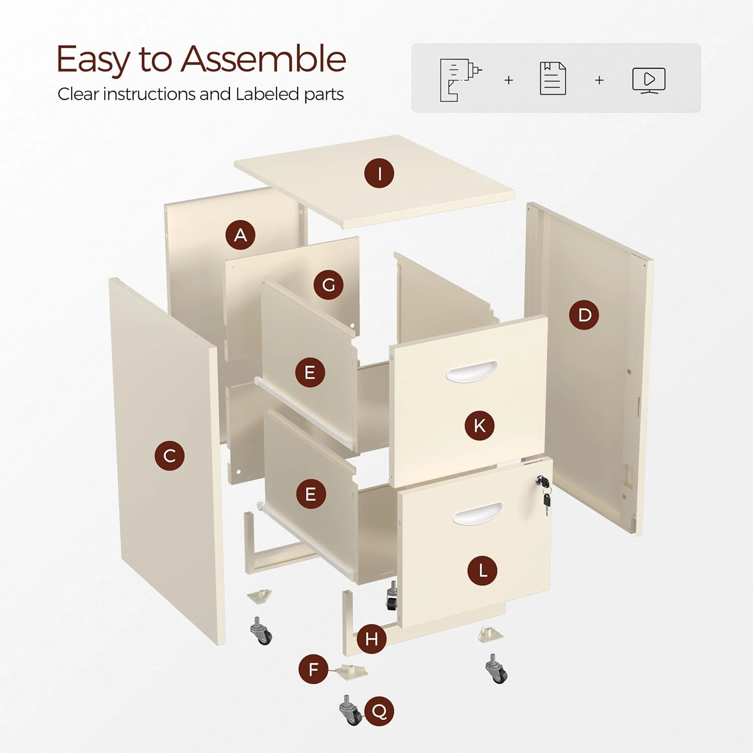 2 Drawer Mobile File Cabinet with Lock, Cream Metal Filing Cabinets with Wheels, Vertical Rolling File Cabinet Fit Hanging Files, Letter and A4 Documents