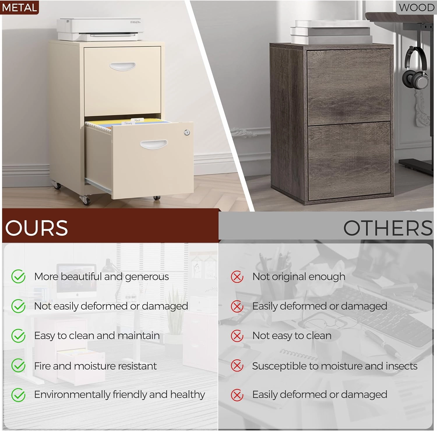 2 Drawer Mobile File Cabinet with Lock, Cream Metal Filing Cabinets with Wheels, Vertical Rolling File Cabinet Fit Hanging Files, Letter and A4 Documents
