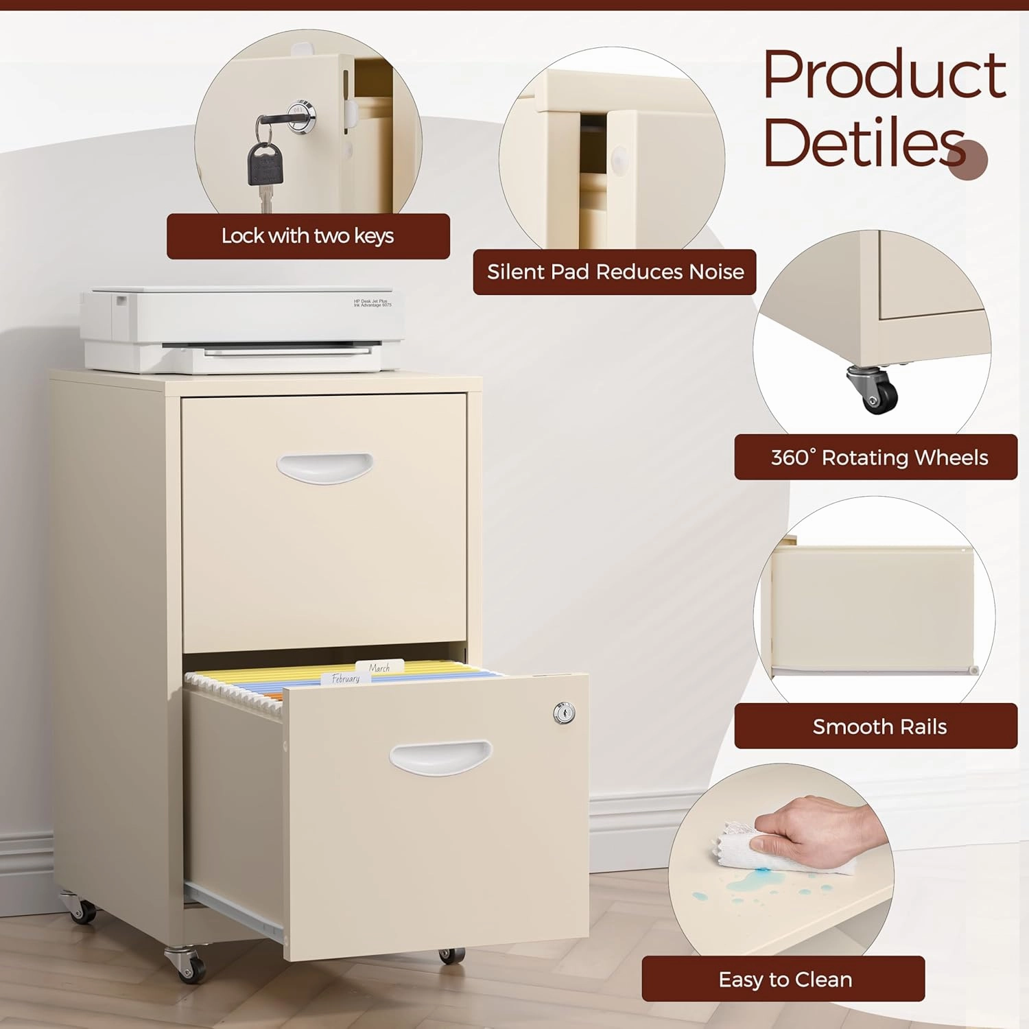 2 Drawer Mobile File Cabinet with Lock, Cream Metal Filing Cabinets with Wheels, Vertical Rolling File Cabinet Fit Hanging Files, Letter and A4 Documents