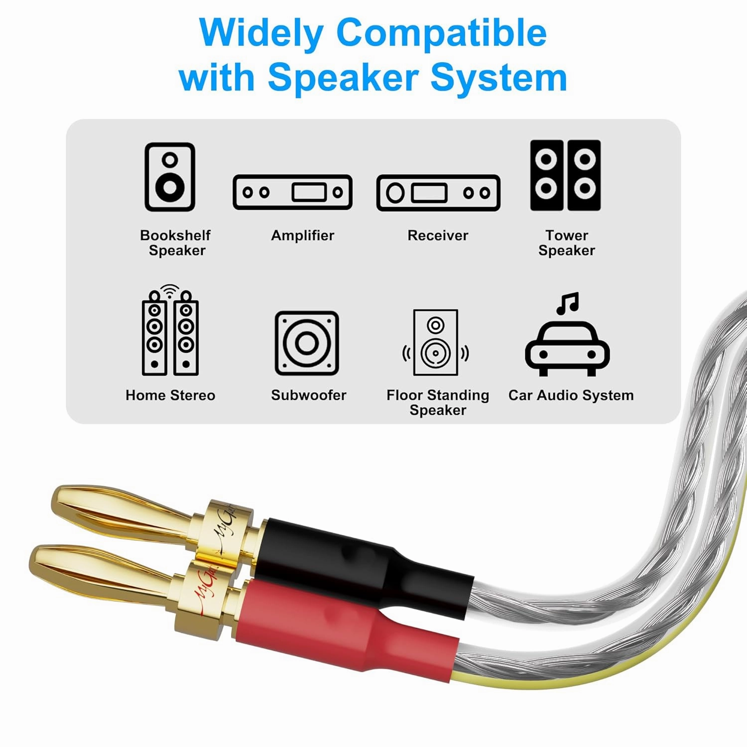 2 Pack 16/2 Speaker Flat Wire Cable with Banana Tip Plugs 10 FT, CL3 Rated, 16 Gauge AWG Wire, Tinned OFC Copper, Transparent Jacket with Yellow Polarity Marker, for Indoor & Outdoor, Hi-Fi