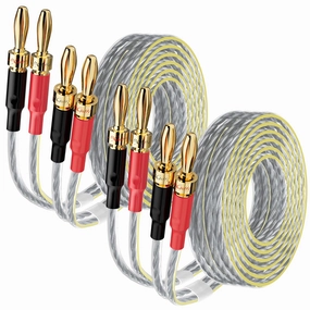 2 Pack 16/2 Speaker Flat Wire Cable with Banana Tip Plugs 10 FT, CL3 Rated, 16 Gauge AWG Wire, Tinned OFC Copper, Transparent Jacket with Yellow Polarity Marker, for Indoor & Outdoor, Hi-Fi speaker cable,audio wire,hi-fi speaker cord,
