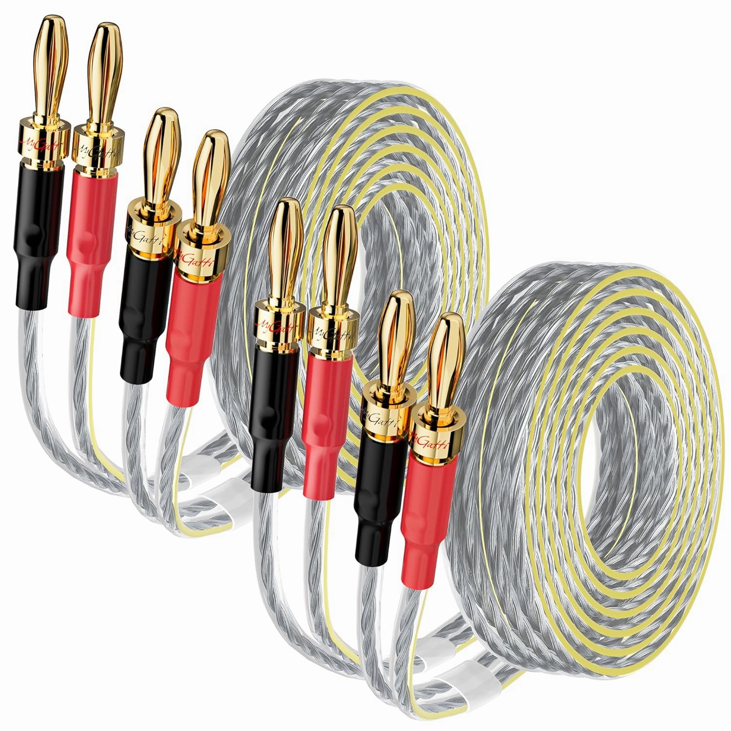 2 Pack 16/2 Speaker Flat Wire Cable with Banana Tip Plugs 10 FT, CL3 Rated, 16 Gauge AWG Wire, Tinned OFC Copper, Transparent Jacket with Yellow Polarity Marker, for Indoor & Outdoor, Hi-Fi speaker cable,audio wire,hi-fi speaker cord,