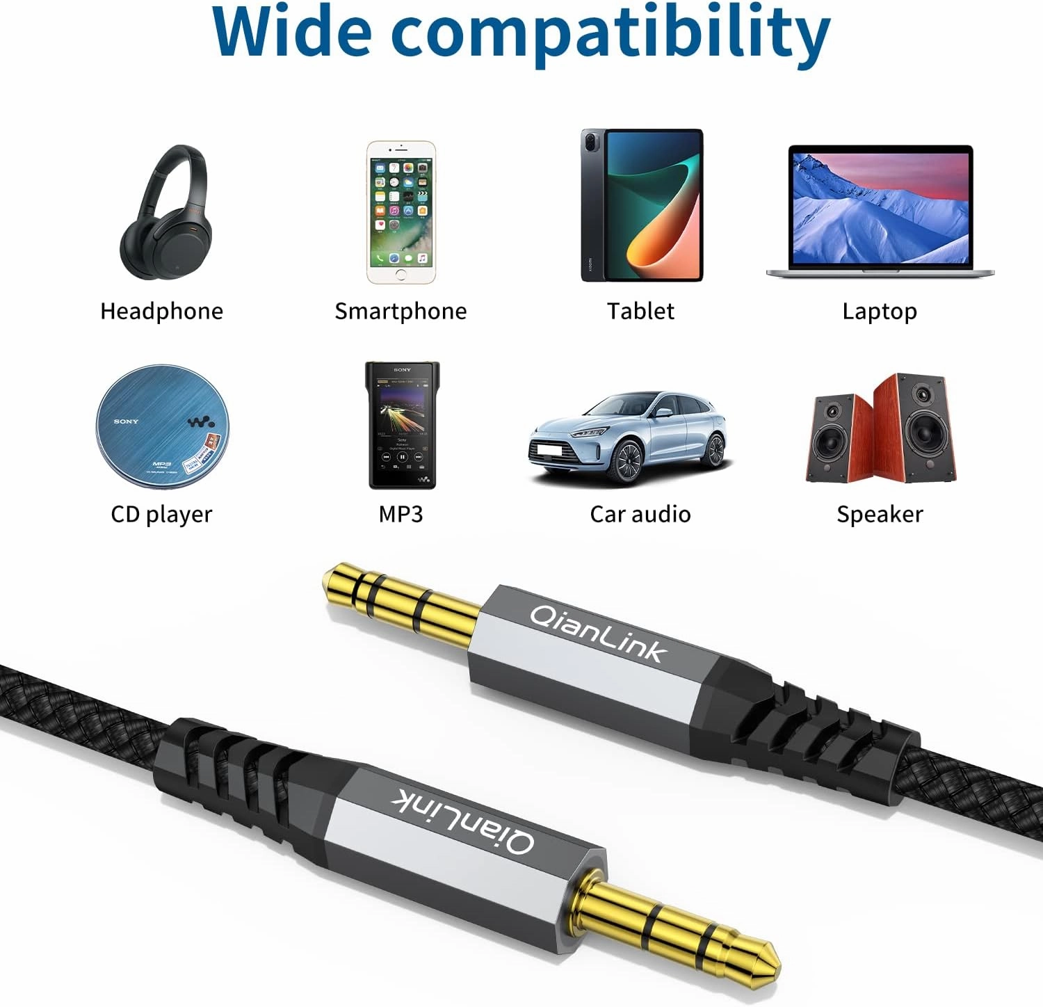 2 Pack AUX Cable, (6.6ft/2m, Hi-Fi Sound) 3.5mm TRS Auxiliary Audio Cable Nylon Braided Cord Compatible with Car,Home Stereos,Speaker,iPod iPad,Headphones,Sony,Echo Dot,Beats (Grey)