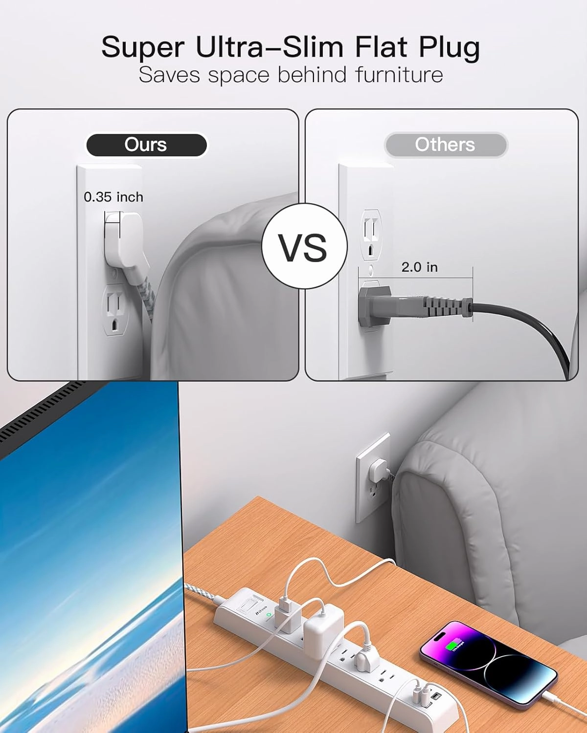 2 Pack Extension Cord 10ft Power Strip - Surge Protector with 6 Outlets 4 USB Charging Ports, Flat Plug, Overload Protection, Wall Mount for Home Office, Dorm Room Essentials