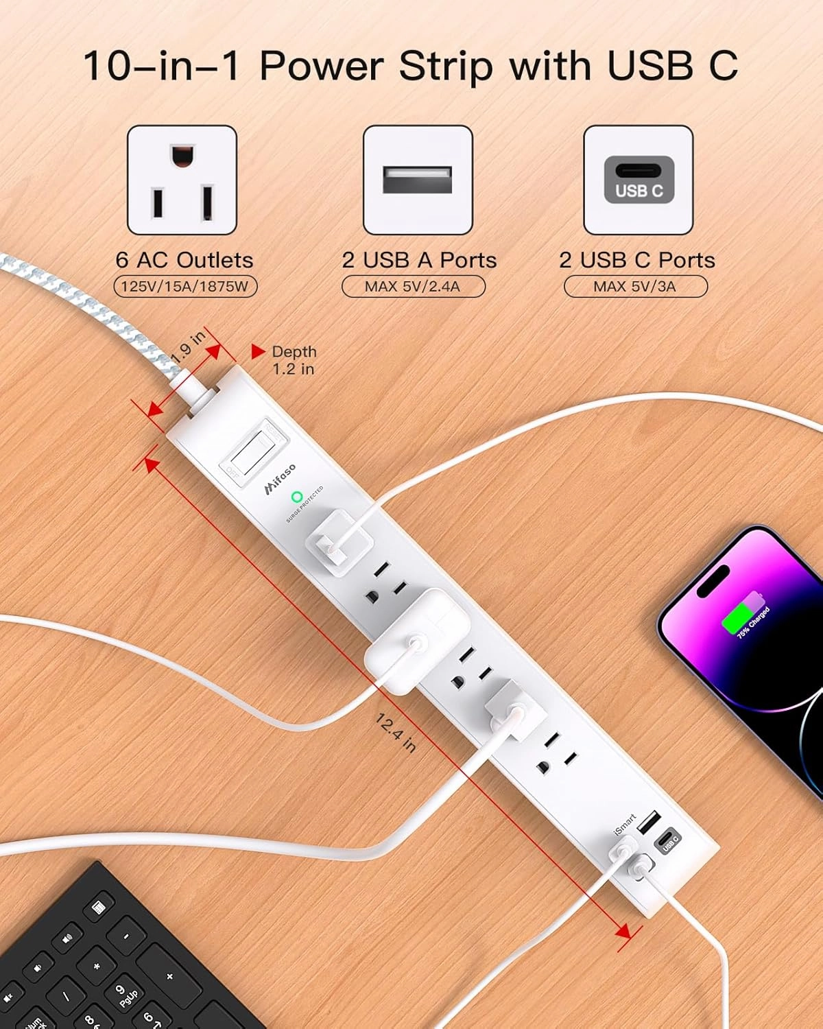 2 Pack Extension Cord 10ft Power Strip - Surge Protector with 6 Outlets 4 USB Charging Ports, Flat Plug, Overload Protection, Wall Mount for Home Office, Dorm Room Essentials