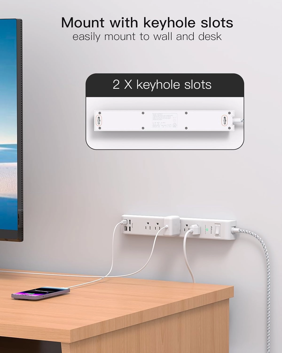 2 Pack Extension Cord 10ft Power Strip - Surge Protector with 6 Outlets 4 USB Charging Ports, Flat Plug, Overload Protection, Wall Mount for Home Office, Dorm Room Essentials