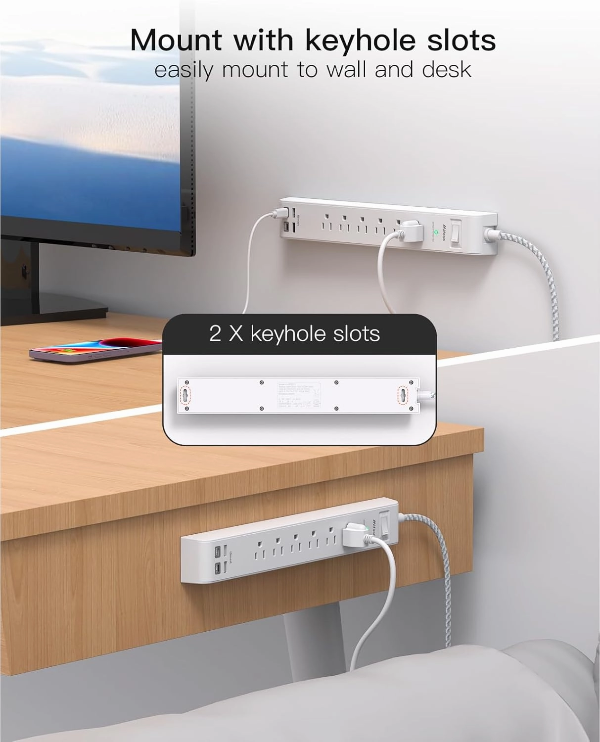 2 Pack Power Strip, 12FT Long Extension Cord, Surge Protector with 6 Outlets and 4 USB Ports (2 USB C), Flat Plug Overload Protection, Extension Cord 10  ft, Wall Mount for Home Office Dorm College