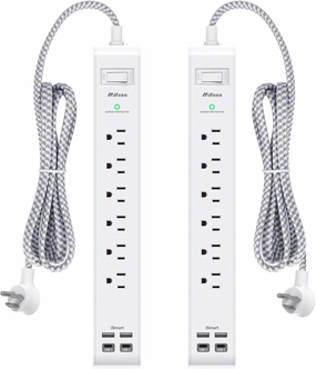2 Pack Power Strip, 12FT Long Extension Cord, Surge Protector with 6 Outlets and 4 USB Ports (2 USB C), Flat Plug Overload Protection, Extension Cord 10  ft, Wall Mount for Home Office Dorm College power cord,hi-fi power cable,AC power lead,