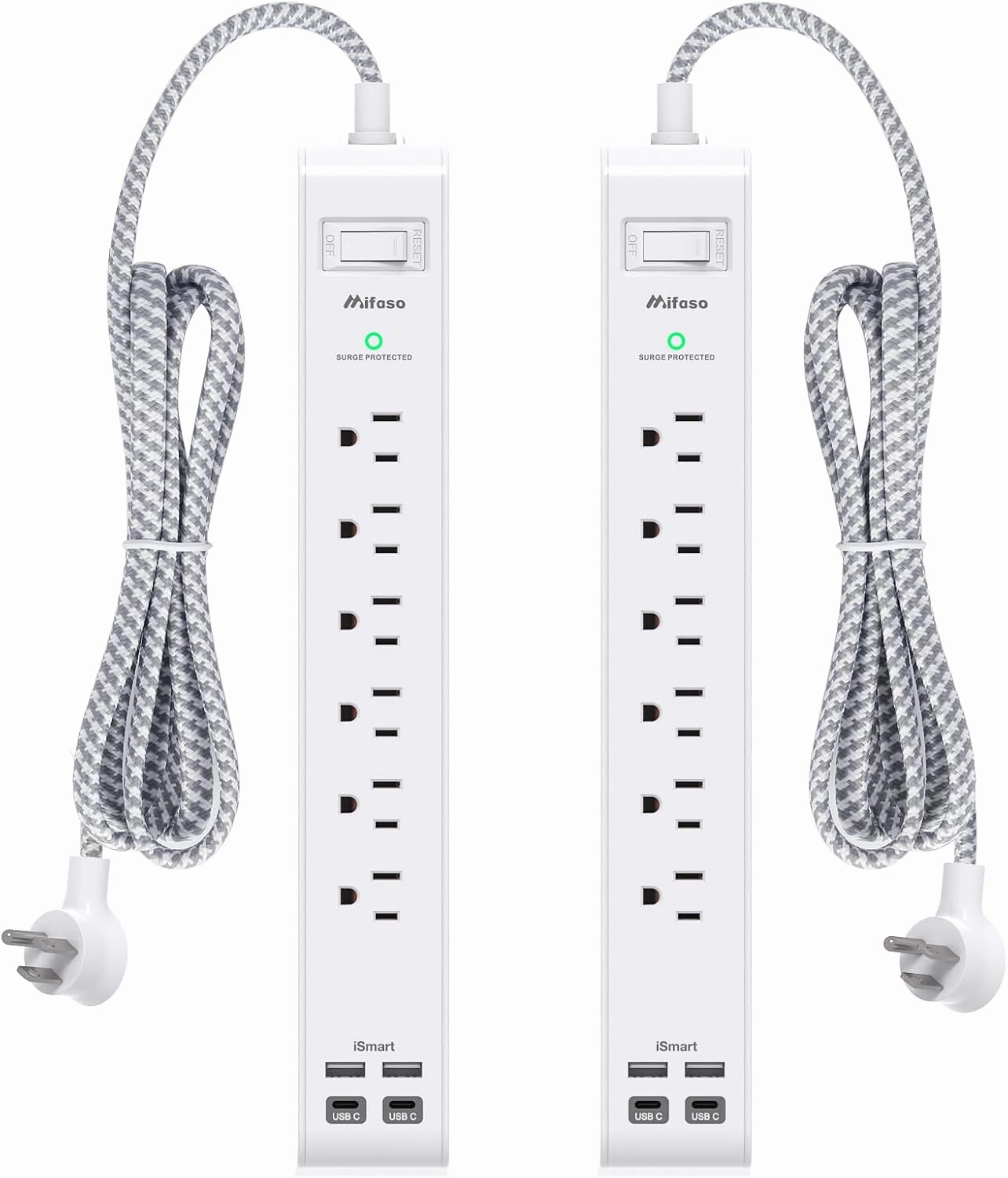 2 Pack Power Strip, 12FT Long Extension Cord, Surge Protector with 6 Outlets and 4 USB Ports (2 USB C), Flat Plug Overload Protection, Extension Cord 10  ft, Wall Mount for Home Office Dorm College power cord,hi-fi power cable,AC power lead,