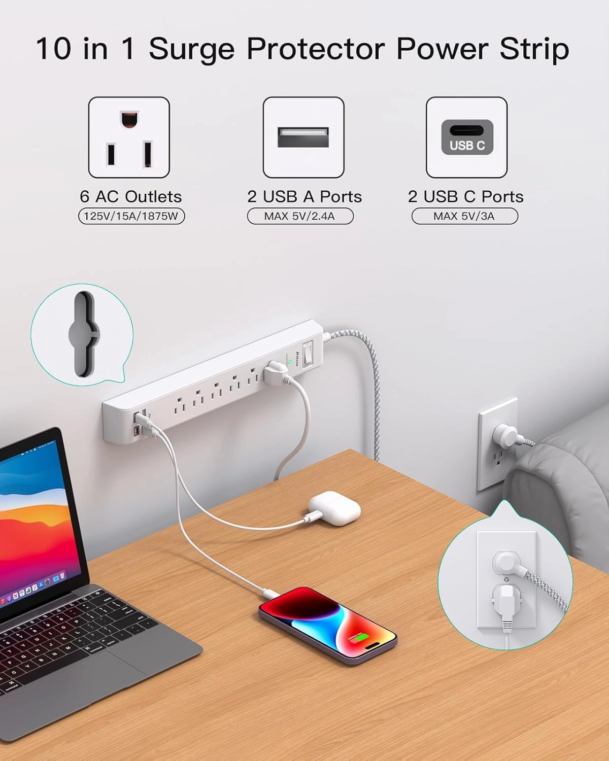 2 Pack Power Strip, 12FT Long Extension Cord, Surge Protector with 6 Outlets and 4 USB Ports (2 USB C), Flat Plug Overload Protection, Extension Cord 10  ft, Wall Mount for Home Office Dorm College