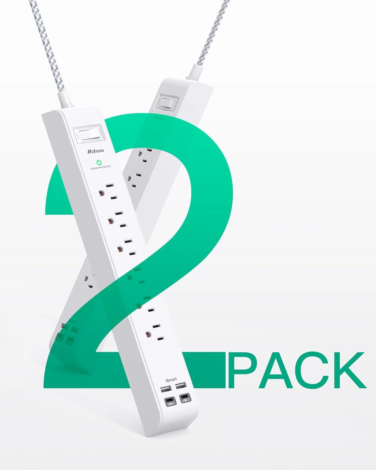 2 Pack Power Strip, 12FT Long Extension Cord, Surge Protector with 6 Outlets and 4 USB Ports (2 USB C), Flat Plug Overload Protection, Extension Cord 10  ft, Wall Mount for Home Office Dorm College