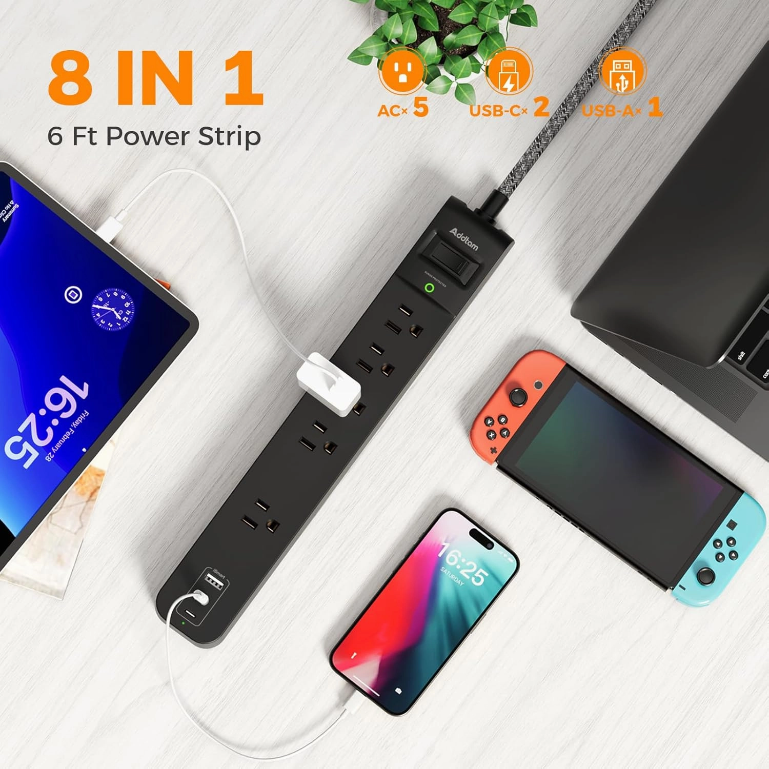 2 Pack Power Strip Surge Protector - 5 Widely Spaced Outlets 3 USB Charging Ports, 1875W/15A with 6Ft Braided Extension Cord, Flat Plug, Overload Surge Protection, Wall Mount for Home Office