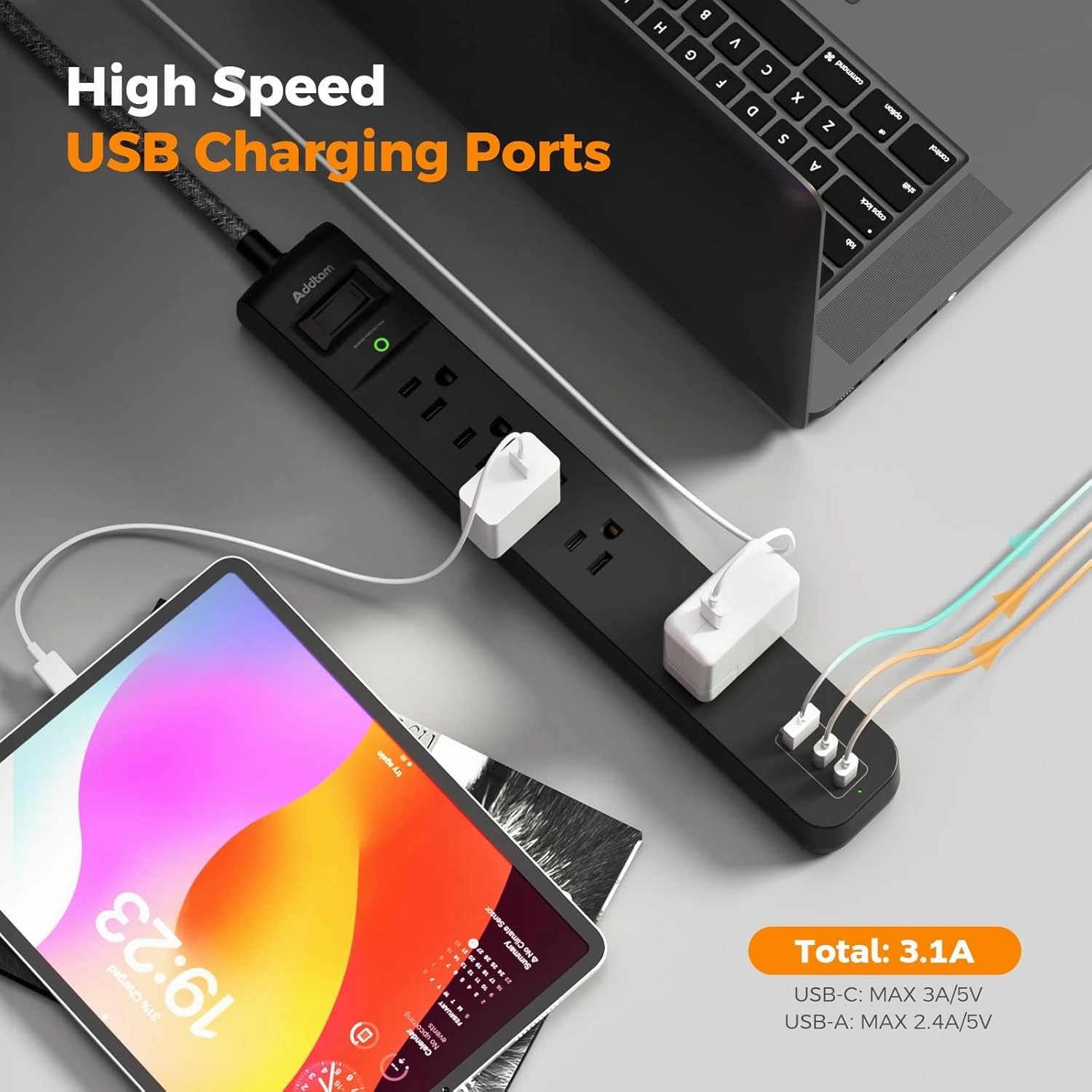 2 Pack Power Strip Surge Protector - 5 Widely Spaced Outlets 3 USB Charging Ports, 1875W/15A with 6Ft Braided Extension Cord, Flat Plug, Overload Surge Protection, Wall Mount for Home Office