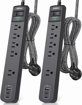 2 Pack Power Strip Surge Protector - 5 Widely Spaced Outlets 3 USB Charging Ports, 1875W/15A with 6Ft Braided Extension Cord, Flat Plug, Overload Surge Protection, Wall Mount for Home Office power cord,hi-fi power cable,AC power lead,