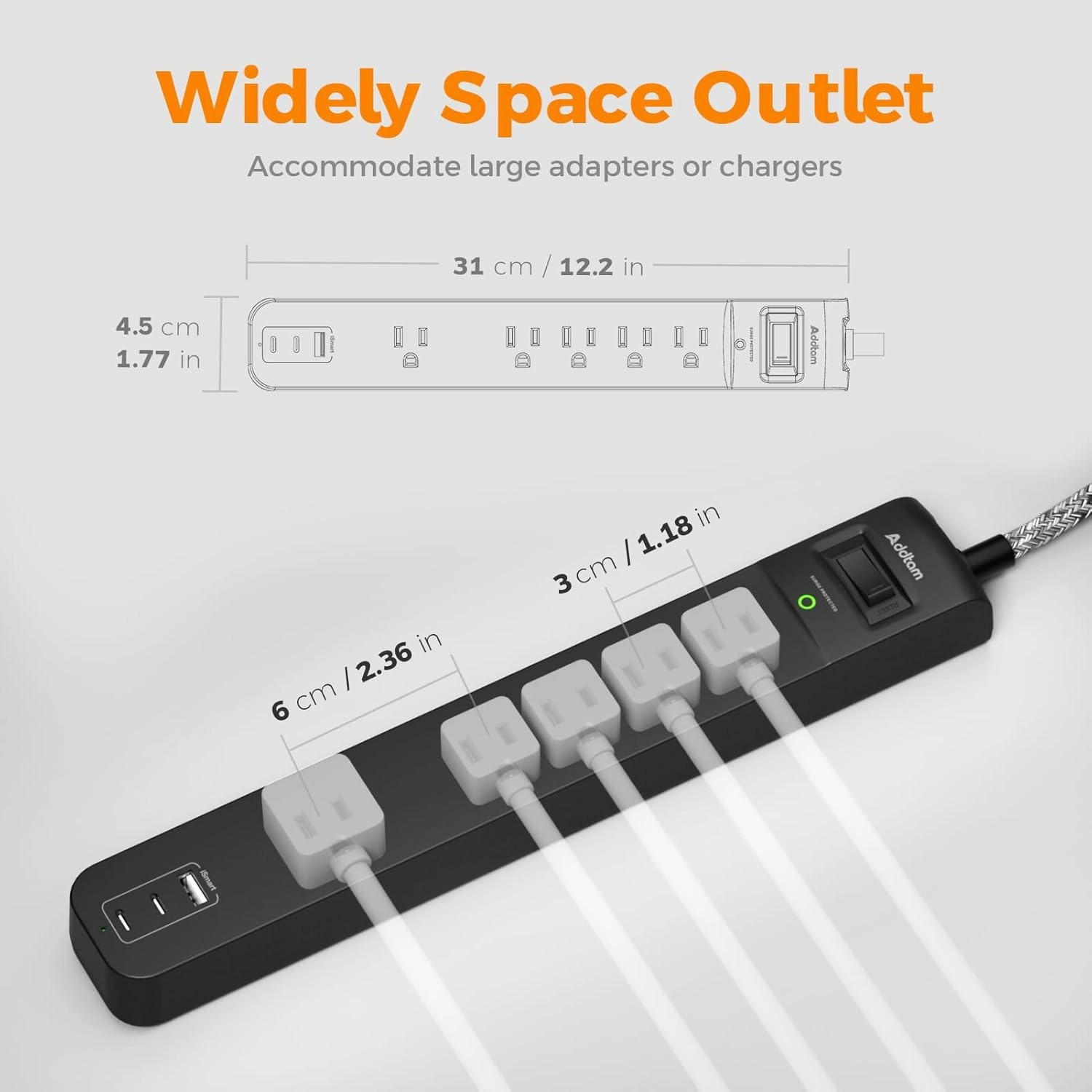 2 Pack Power Strip Surge Protector - 5 Widely Spaced Outlets 3 USB Charging Ports, 1875W/15A with 6Ft Braided Extension Cord, Flat Plug, Overload Surge Protection, Wall Mount for Home Office