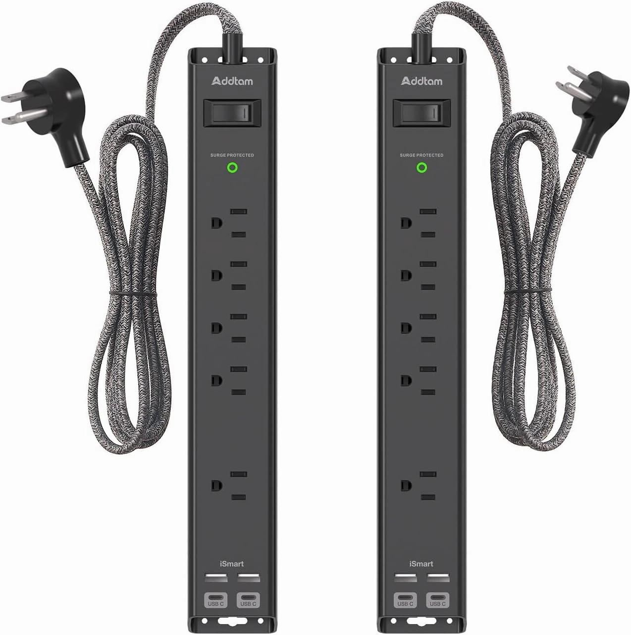 2 Pack Power Strip Surge Protector - 6Ft Extension Cord with 5 Widely Outlets 4 USB (2 USB C) Port, 1875W/15A, Wall Mount, Flat Plug, Desk Charging Station for Home Office College Dorm Room Essentials power cord,hi-fi power cable,AC power lead,