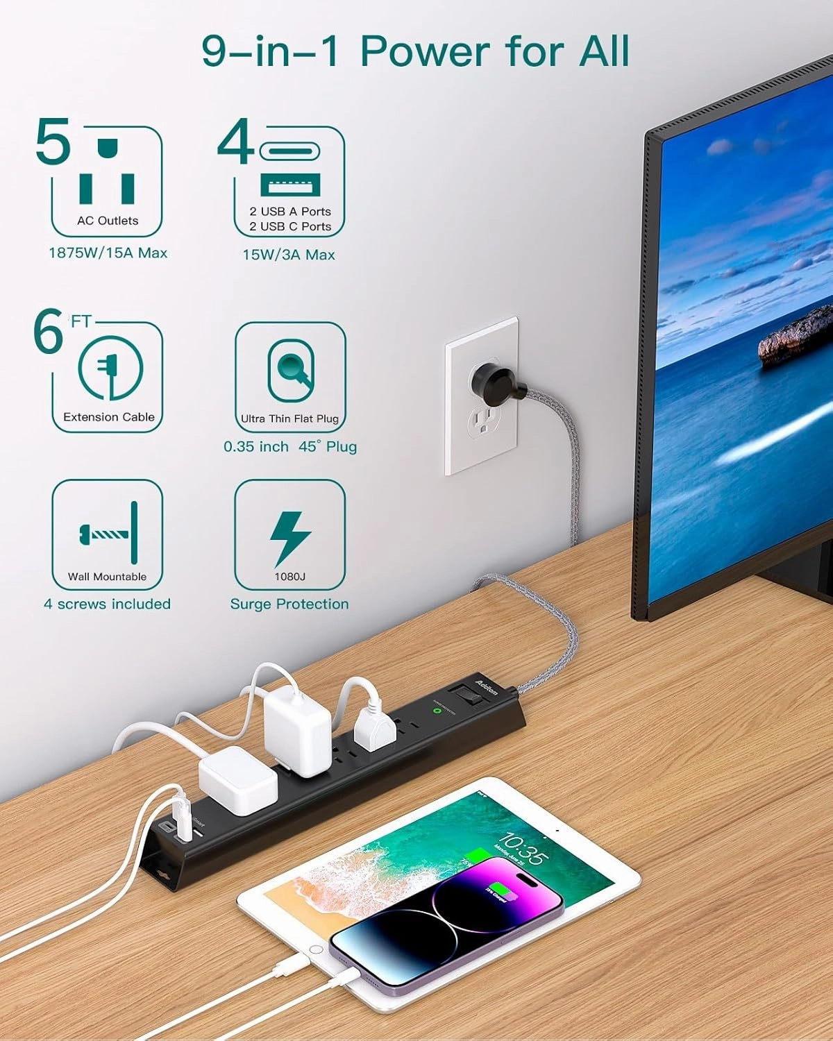 2 Pack Power Strip Surge Protector - 6Ft Extension Cord with 5 Widely Outlets 4 USB (2 USB C) Port, 1875W/15A, Wall Mount, Flat Plug, Desk Charging Station for Home Office College Dorm Room Essentials