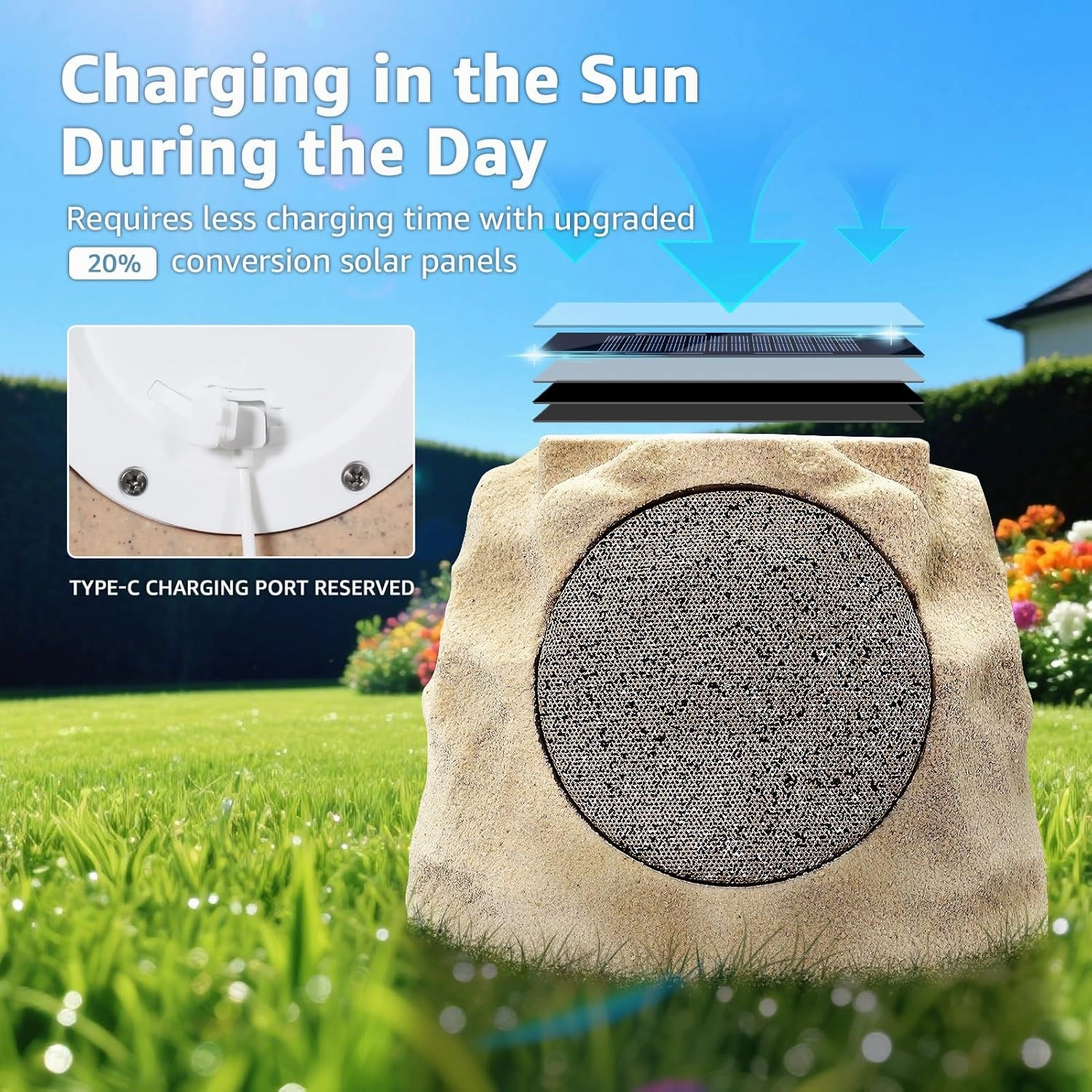 2-Pack Rock Speakers Outdoor Water-Resistant IP44 Solar Powered Patio Speaker with TWS Pair Function and USB Rechargeable for Pool Outside Garden Deck BBQ