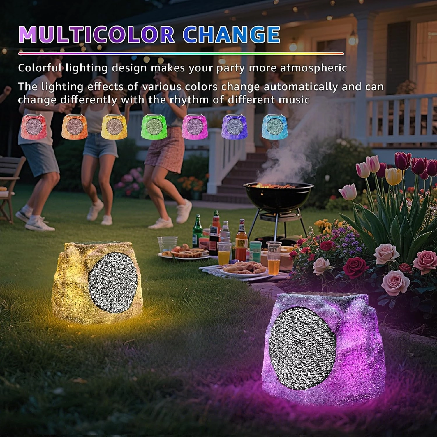 2-Pack Rock Speakers Outdoor Water-Resistant IP44 Solar Powered Patio Speaker with TWS Pair Function and USB Rechargeable for Pool Outside Garden Deck BBQ