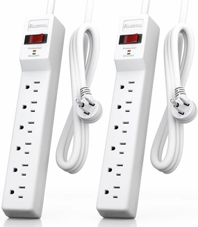 2 Pack Surge Protector (980 Joules), Flat Plug Power Strip, 4FT Extension Cord with Multiple Outlets, 6 Outlets, ETL Listed, 14 Gauge, Wall Mountable for Home Office Garage, White power cord,hi-fi power cable,AC power lead,