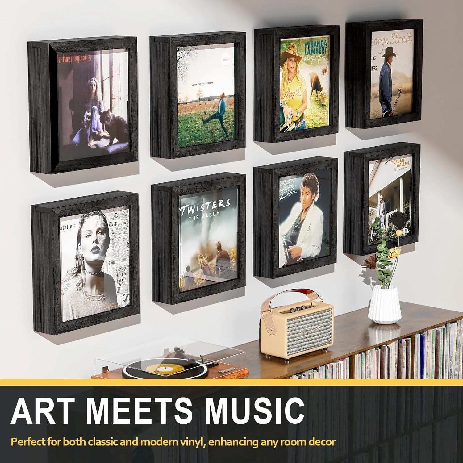 2 Pack Vinyl Record Frame, Album Frames for Display Up to 20 Records, Vinyl Frame for 12x12 Inch LP Album Cover (2 Pack/Black)