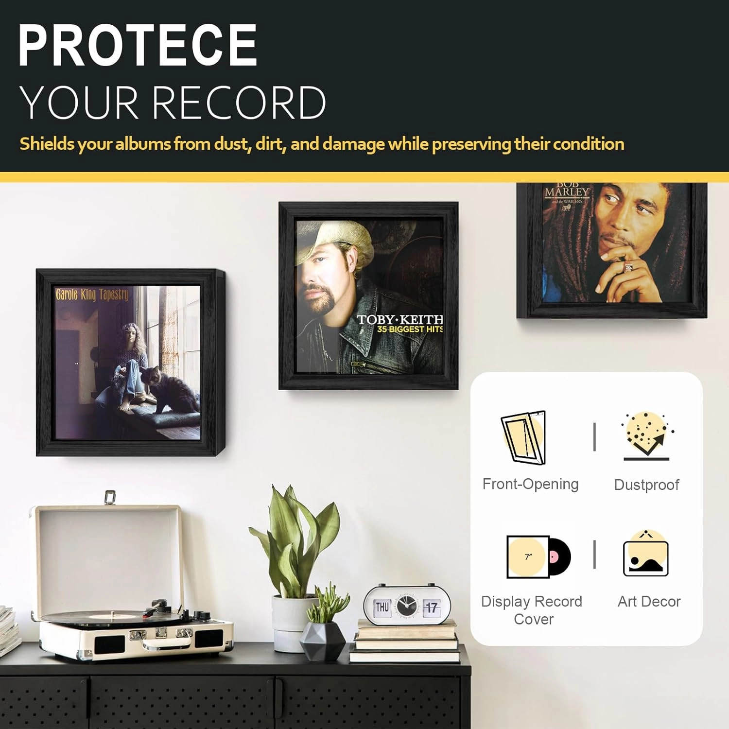 2 Pack Vinyl Record Frame, Album Frames for Display Up to 20 Records, Vinyl Frame for 12x12 Inch LP Album Cover (2 Pack/Black)