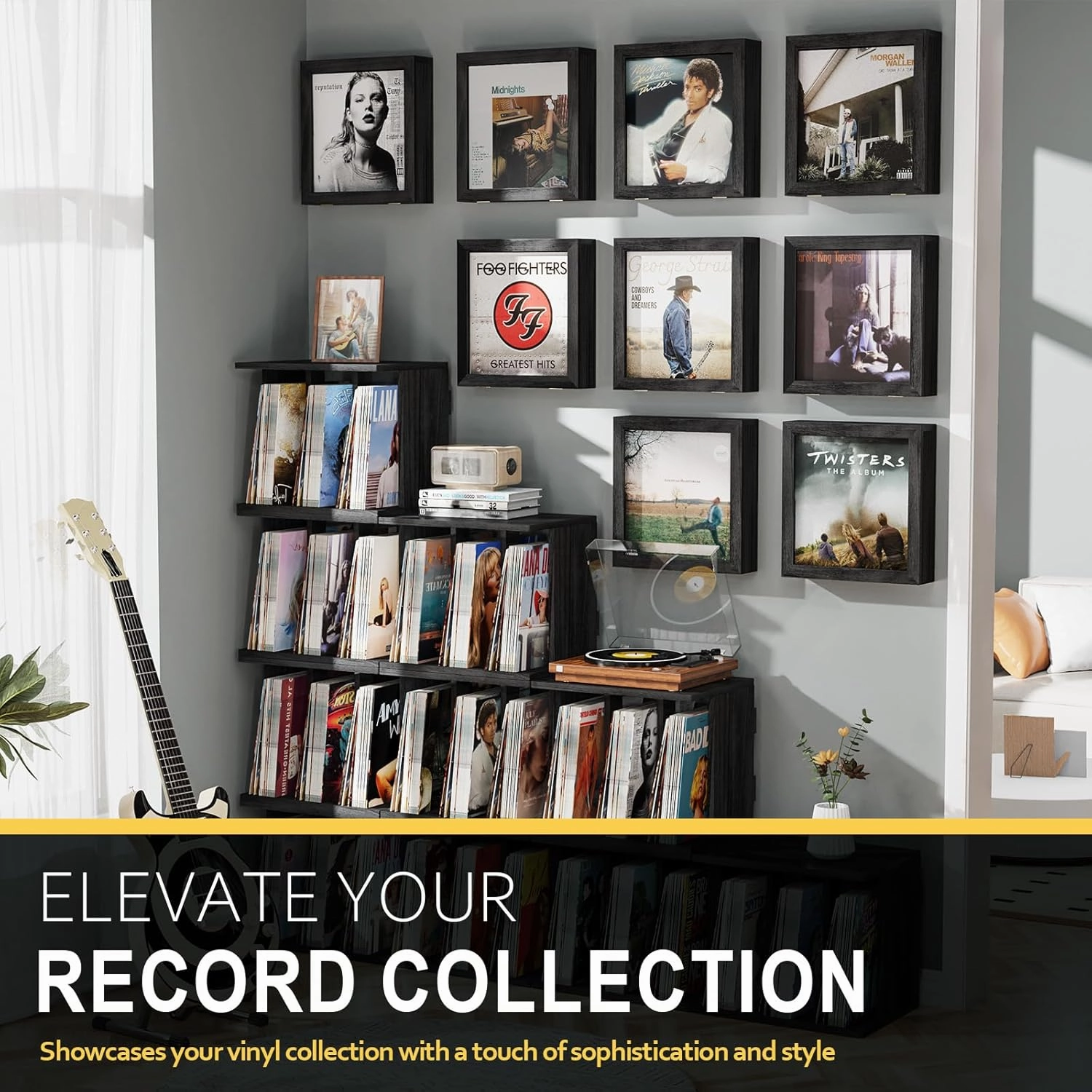 2 Pack Vinyl Record Frame, Album Frames for Display Up to 20 Records, Vinyl Frame for 12x12 Inch LP Album Cover (2 Pack/Black)