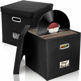 2 Pack Vinyl Record Storage Boxes, 12 Inch Collapsible Album Organizer, LP CD Linen Crate with Lid & Handles, Music Collection Cabinet Holder, Document File Cube Bin for Concert Hall, Office vinyl storage,record holder,LP organizer,