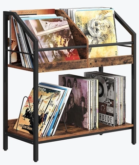 2-Tier Vinyl Record Storage Holder Rack, 250 LP Albums Display Shelf, Wooden Vinyl Storage Rack with Wire Dividers for Records, CDs, Books, Rustic Brown and Black TCW07BF vinyl storage,record holder,LP organizer,