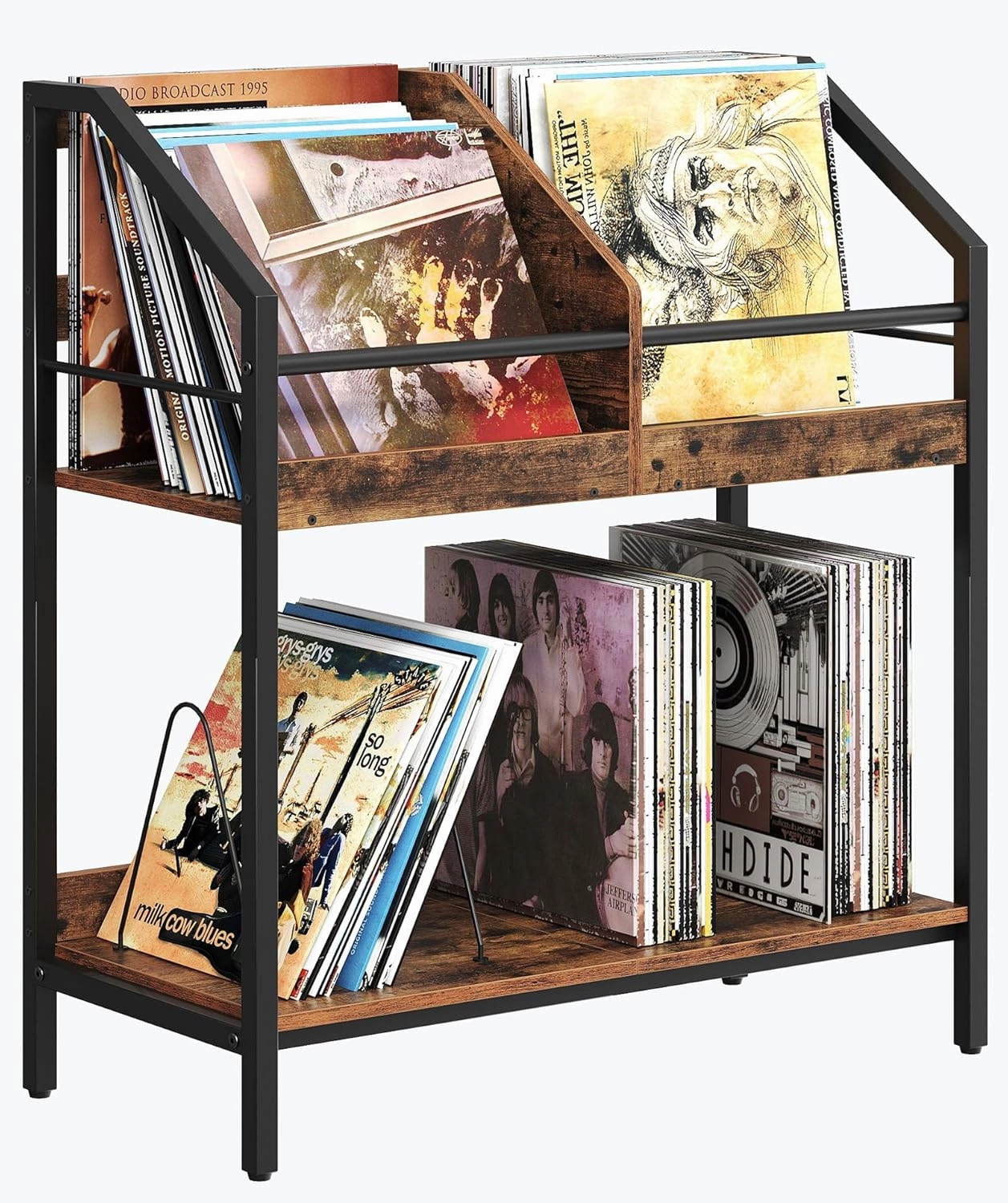 2-Tier Vinyl Record Storage Holder Rack, 250 LP Albums Display Shelf, Wooden Vinyl Storage Rack with Wire Dividers for Records, CDs, Books, Rustic Brown and Black TCW07BF vinyl storage,record holder,LP organizer,