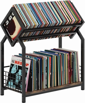 2-Tier Vinyl Record Storage Holder with Dividers, 24.4''W Vinyl Record Display, 300 LPs Vinyl Record Storage Rack, Suitable for Magazines, Books, Documents, Albums vinyl storage,record holder,LP organizer,