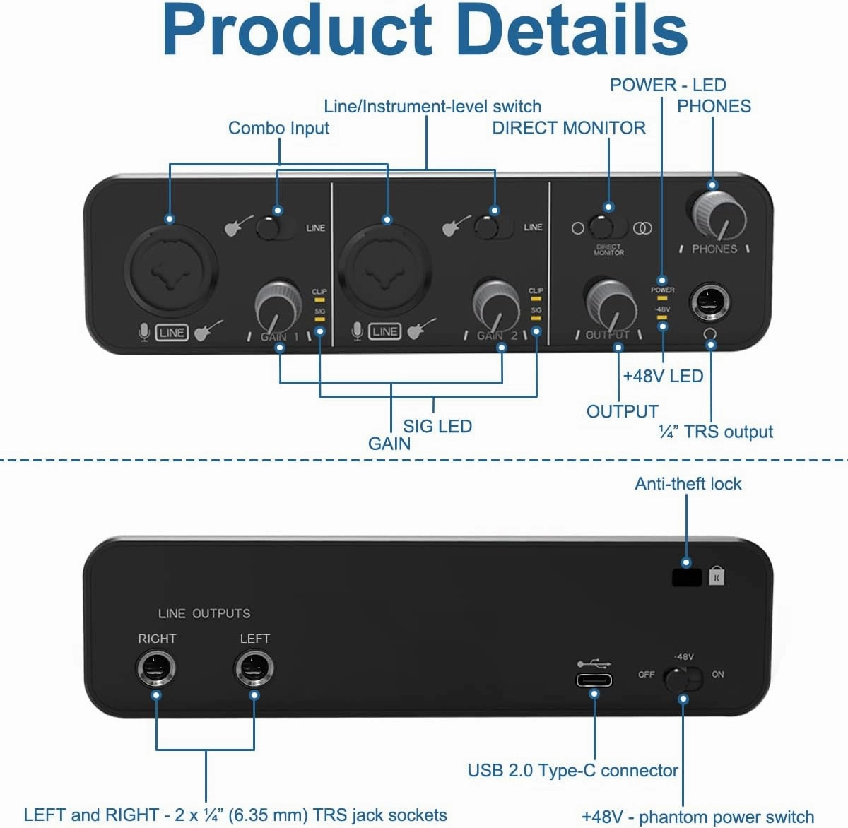 2i2 Audio Interface Audio Interface USB Microphone Preamps with 48V Phantom Power 24 Bit Support Smartphone/Tablet/Computer and Other Equipment RecordingNo DAW Recording Software