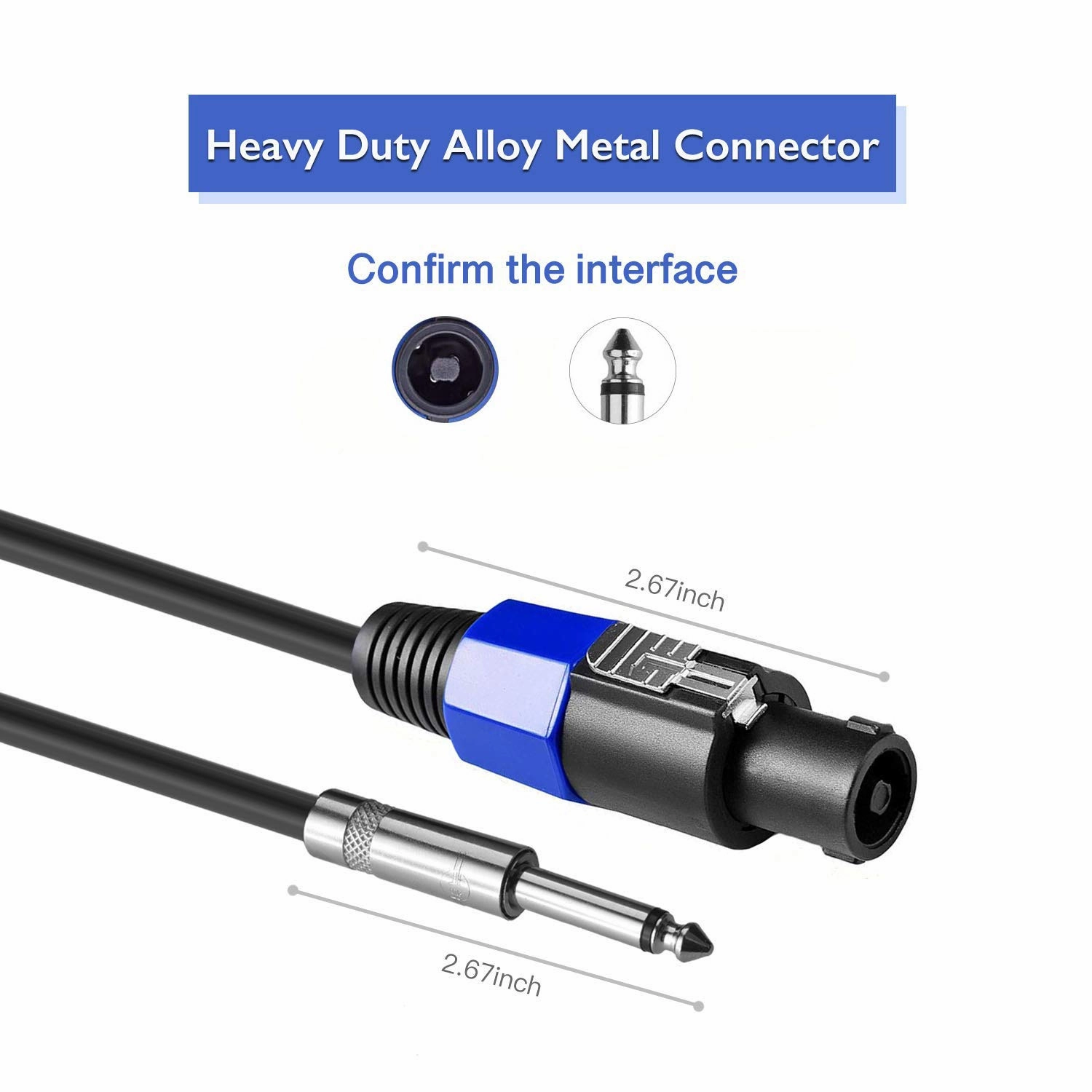 2Pack 50 ft Speakon to 1/4" Male Speaker Cables, Professional 12 Gauge AWG Wire Audio Amplifier Connection Cord, DJ/PA Speaker Cable Wire with Twist Lock.