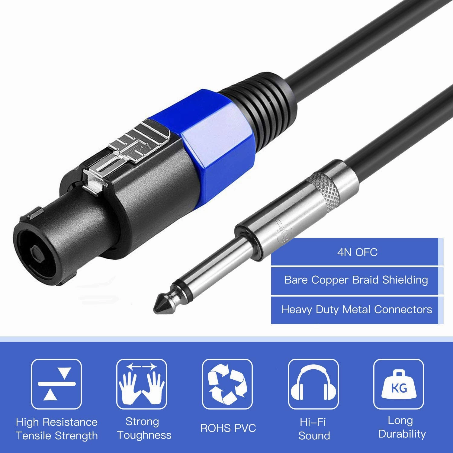 2Pack 50 ft Speakon to 1/4" Male Speaker Cables, Professional 12 Gauge AWG Wire Audio Amplifier Connection Cord, DJ/PA Speaker Cable Wire with Twist Lock.