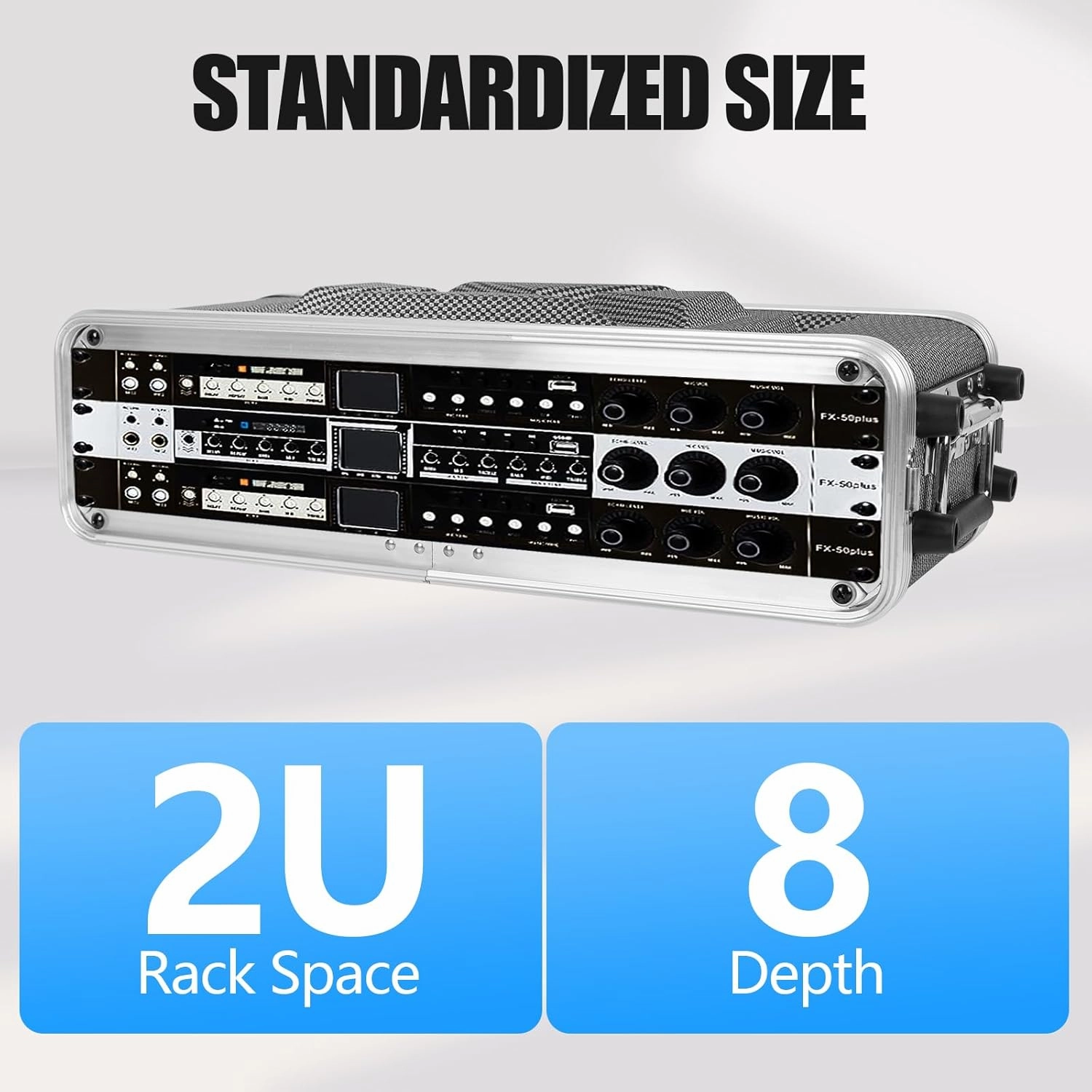 2U ABS Rack Case Shallow 8" Depth, 19" Rackmount Flight Road Travel Case, Waterproof Protective Hard Case with Customized Foam, Wireless Mic System Storage/Amp/Effect/DJ Mixer