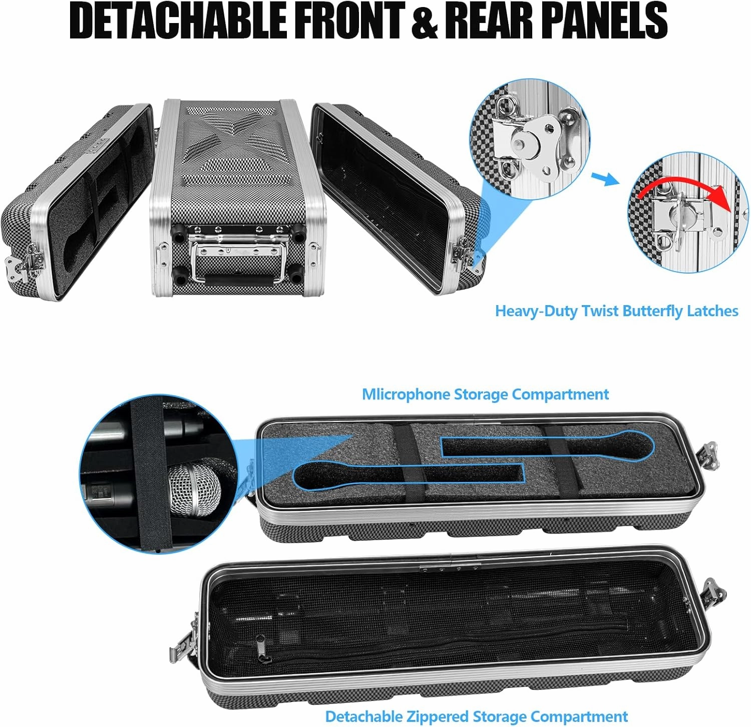 2U ABS Rack Case Shallow 8" Depth, 19" Rackmount Flight Road Travel Case, Waterproof Protective Hard Case with Customized Foam, Wireless Mic System Storage/Amp/Effect/DJ Mixer