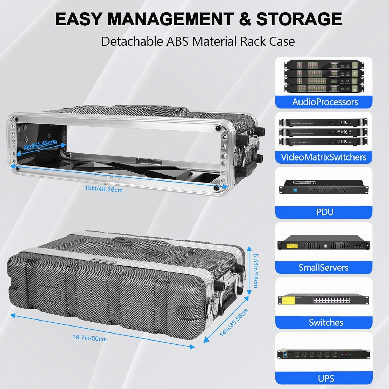 2U ABS Rack Case Shallow 8" Depth, 19" Rackmount Flight Road Travel Case, Waterproof Protective Hard Case with Customized Foam, Wireless Mic System Storage/Amp/Effect/DJ Mixer