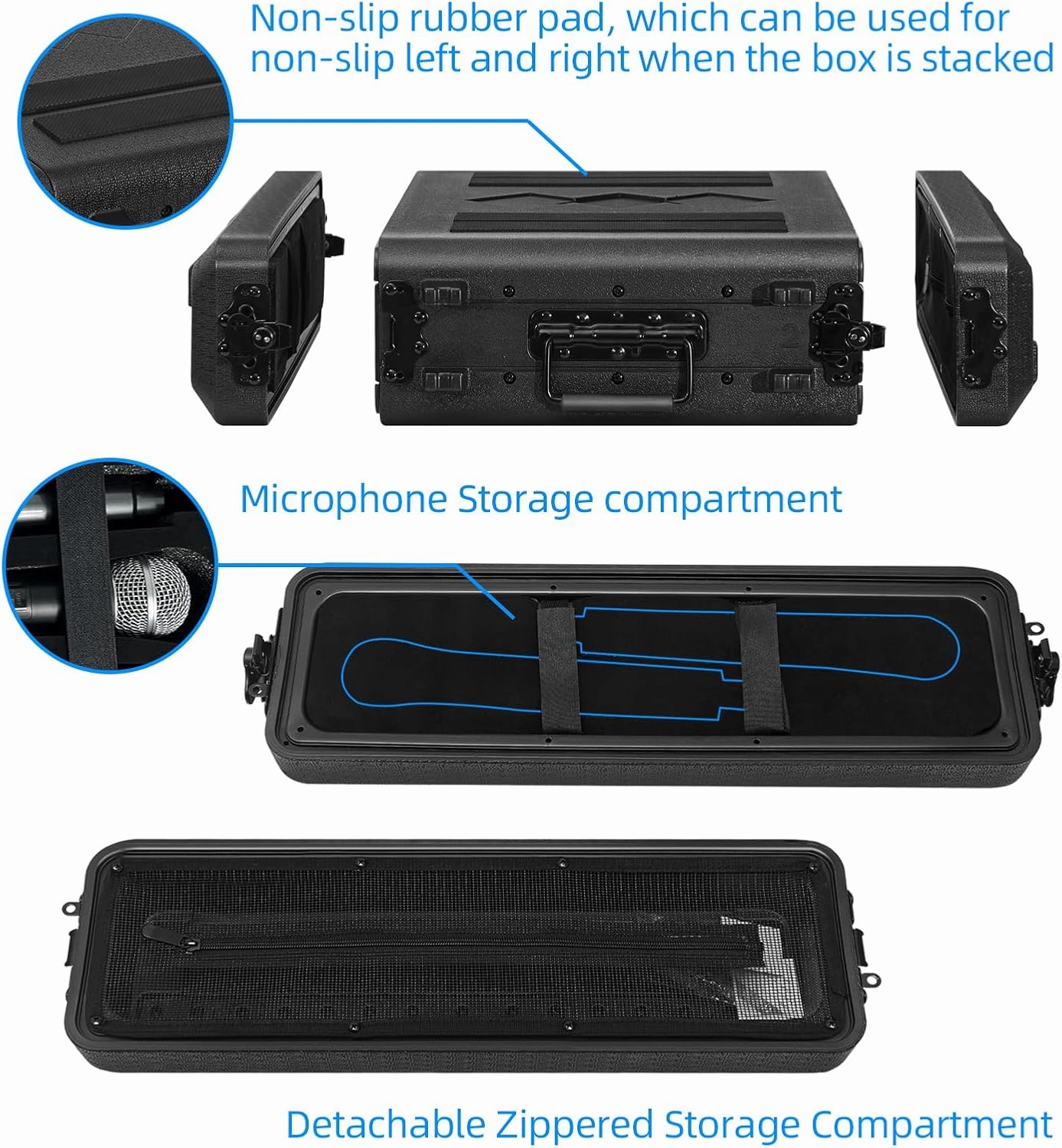 2U Rack Case Shallow 17" Depth, 19" Rackmount Flight Cases Easy Installation Portable Carry Watertight Dust Proof 2 Space Shockproof Mount Racks with Microphone Compartments Space Saving