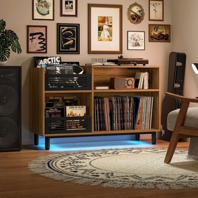 39.4" Large Record Player Stand with LED Lights, Built-in Charging station,felixble Record Box Case Crate,3-tier large storage space,Max 500 vinyls Albums Walnut vinyl storage,record holder,LP organizer,
