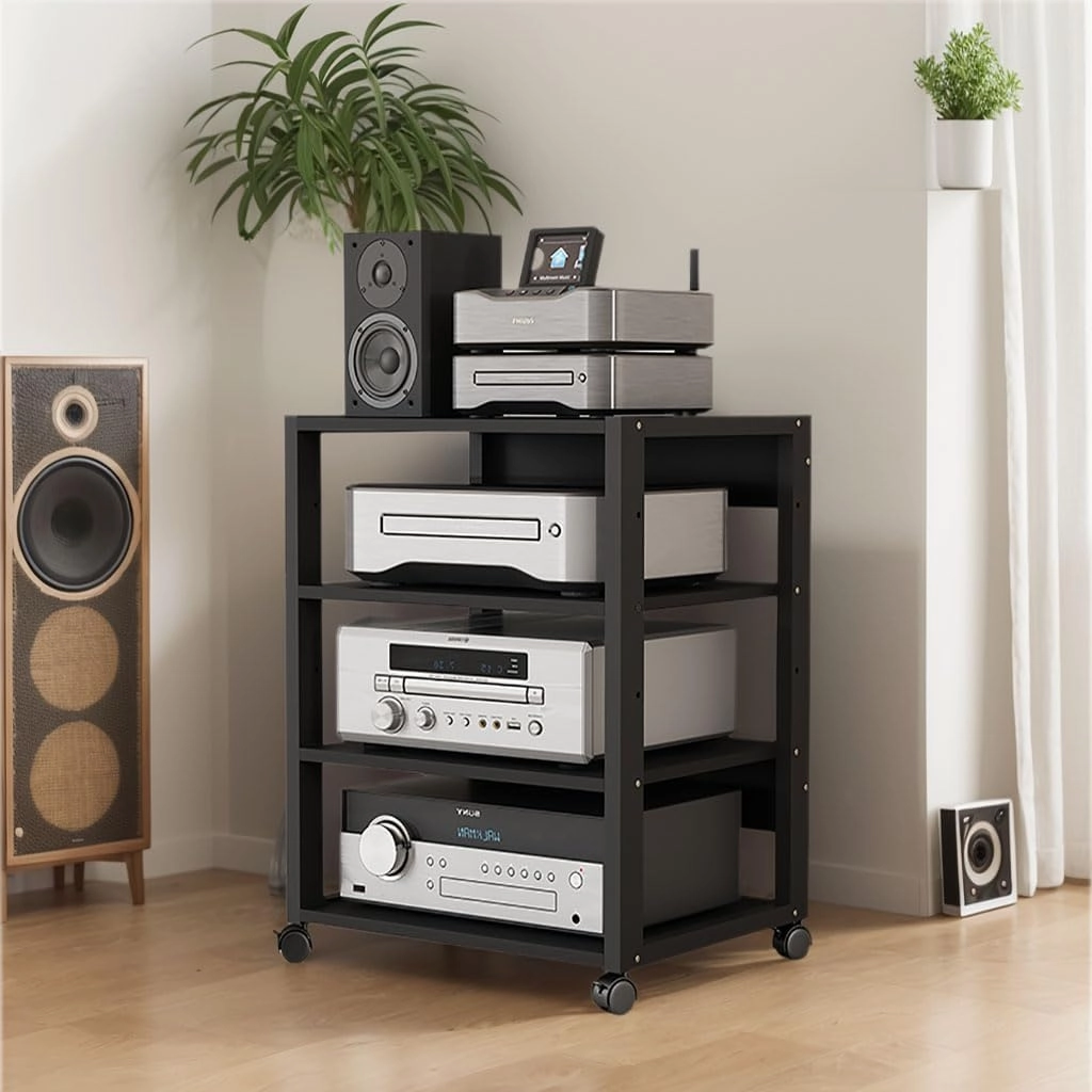 3/4/5 Tier Audio-Video Media Stand with Adjustable Shelves, Home Stereo System Entertainment Components Cabinet for Gaming, Meeting, Living, Recording Room, Black(50x40x69.5cm)