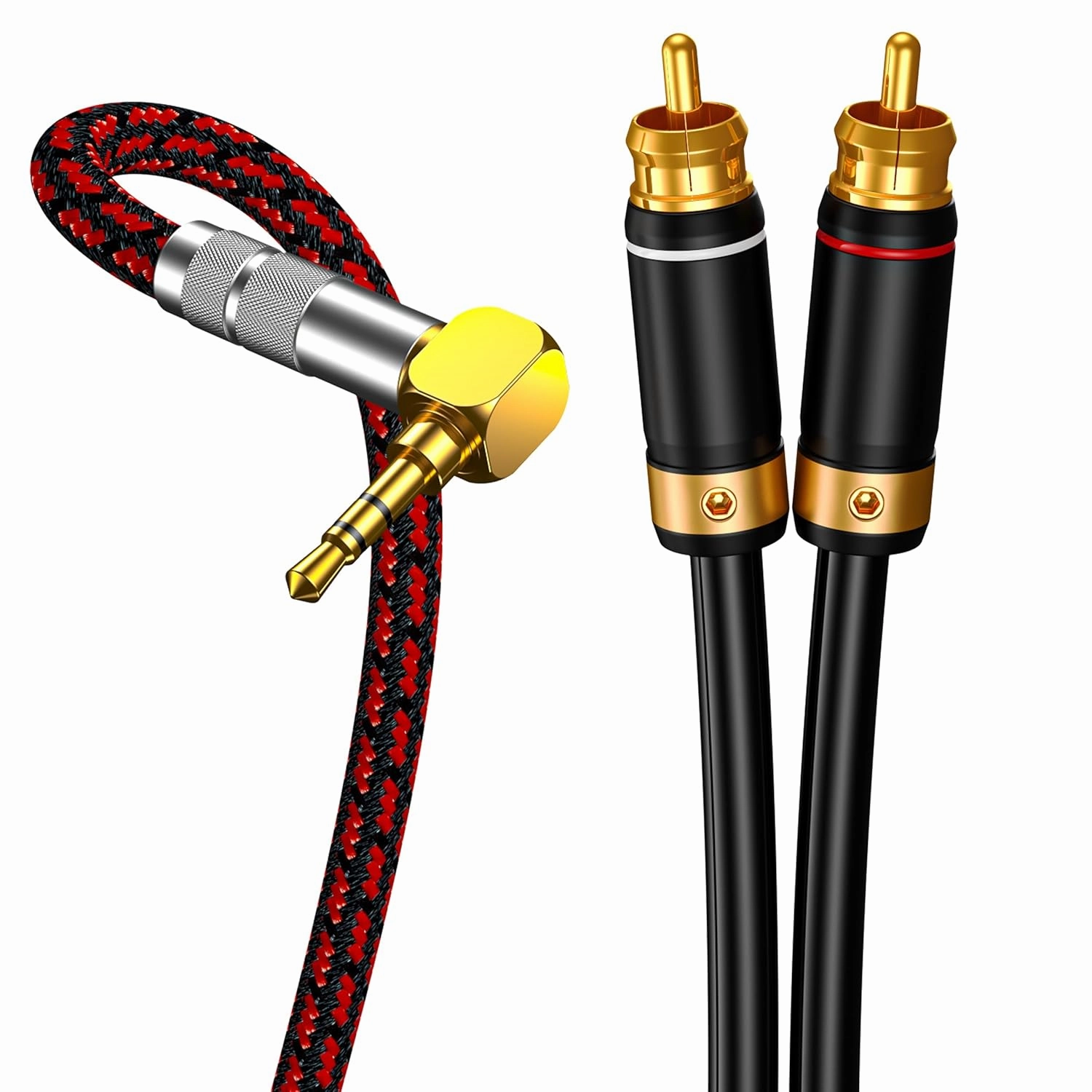 3.5mm to 2 RCA Audiophile Audio Cable Stereo Braided Gold Plated Oxgen-Free Copper Core for Smartphones Tablets Speakers Home Theater (Right Angle 3.5mm, 16.4FT)
