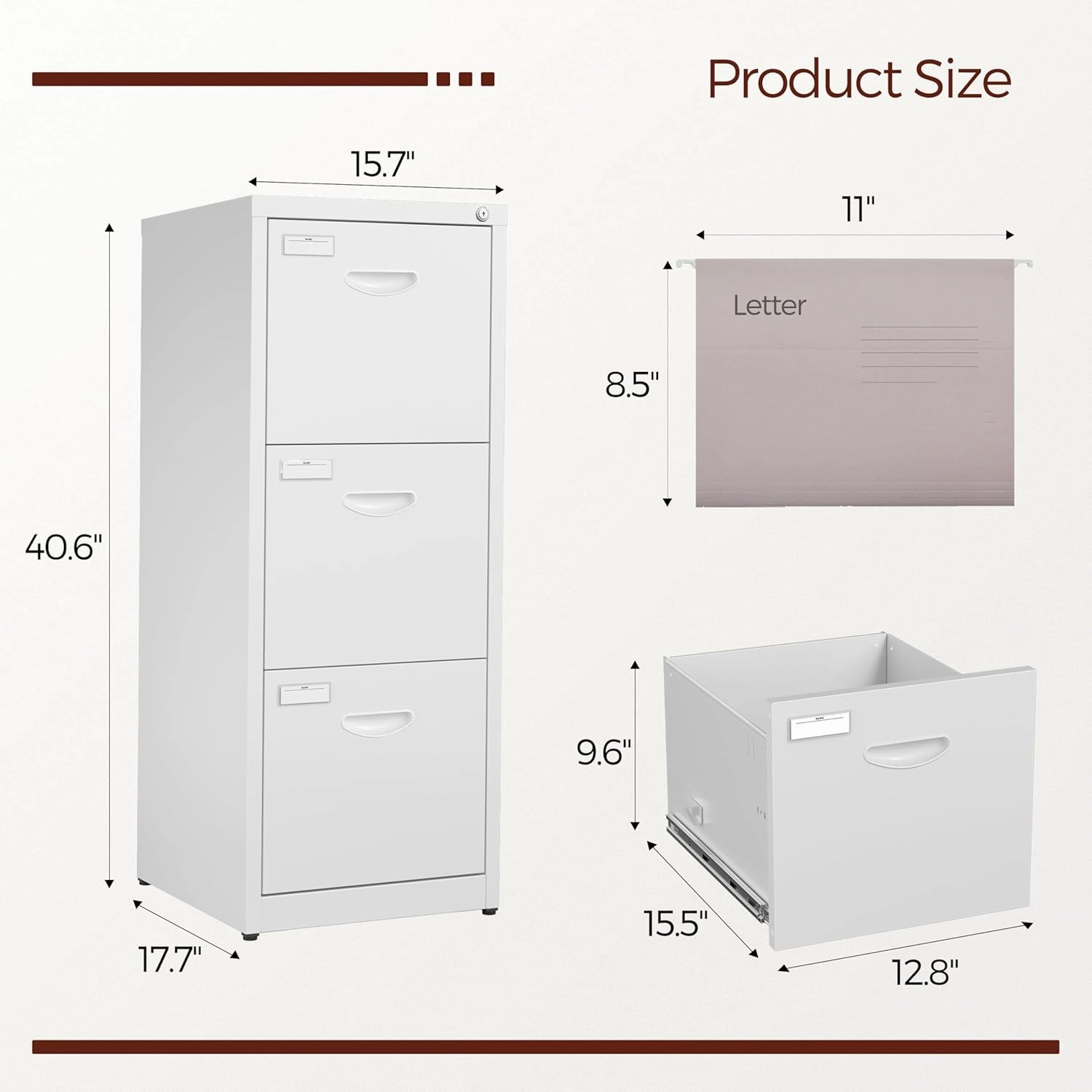 3 Drawer File Cabinet with Lock, Metal Filing Cabinets for Home Office, Printer Stand, Heavy Duty Locking File Cabinet for A4/Letter/Legal Size Folder, Easy Assemble