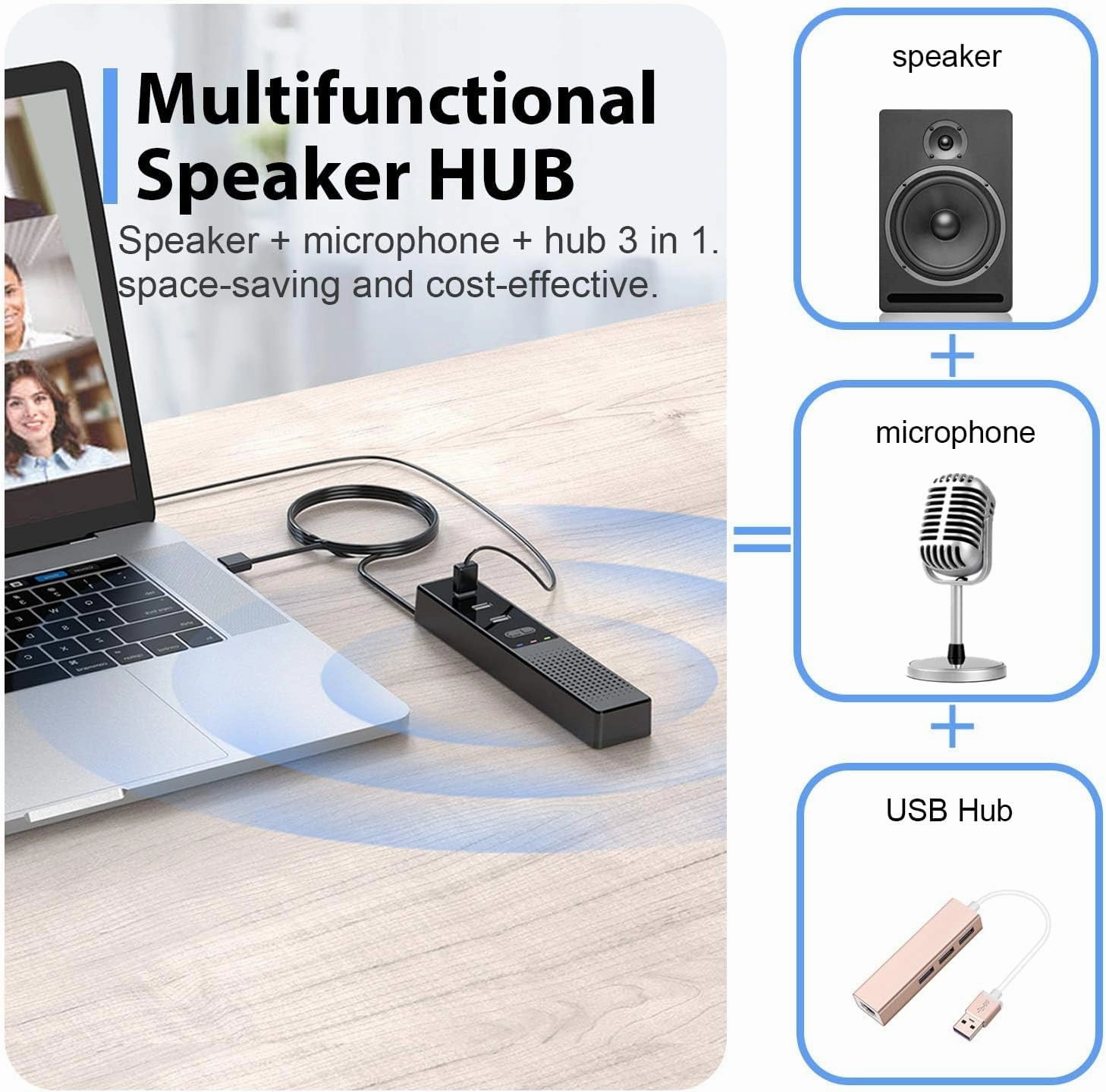 3 in 1 USB Computer Speaker with Microphone, PC Laptop Speaker with Mic for Smart Home Office and Online Study360 Degree Enhanced Voice Pickup, Noise Reduction,Compatible with Zoom, Teams smart audio hub,voice control speaker,Alexa compatible audio,